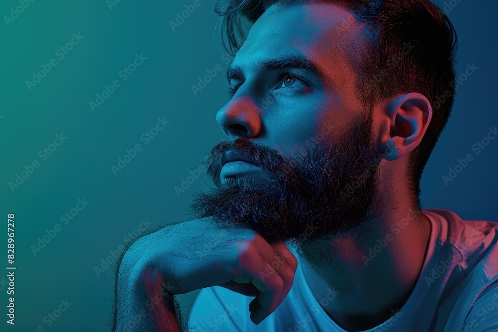 Wall mural Young bearded man in neon light studio shot.