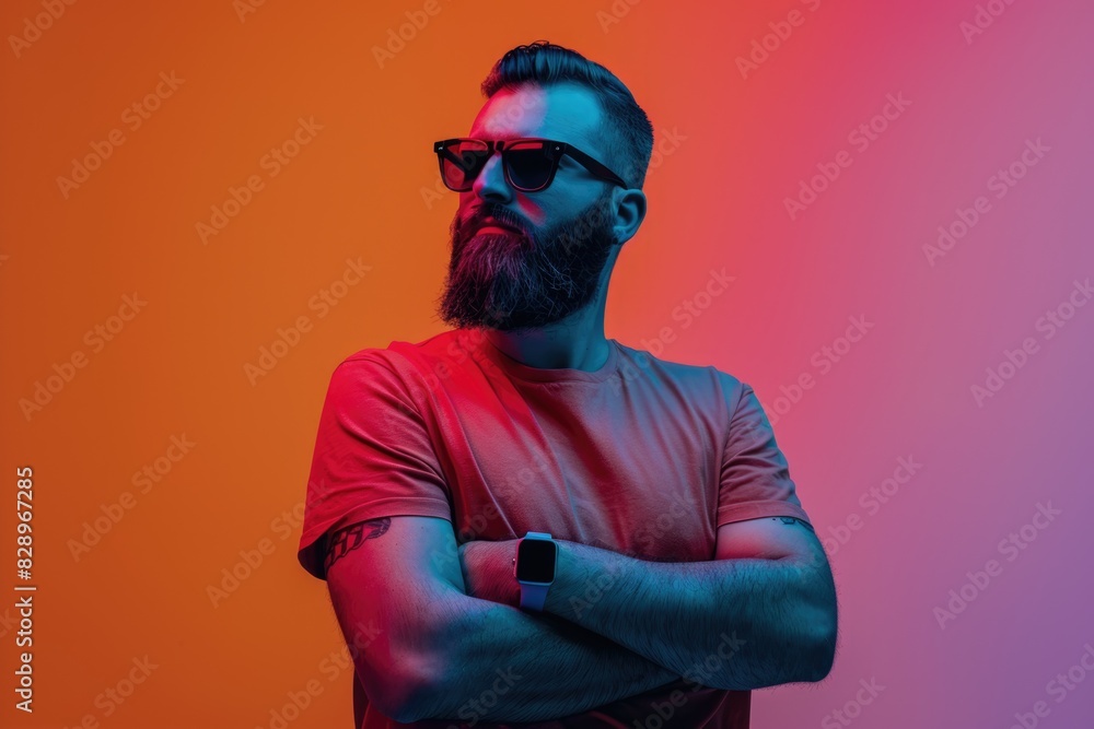 Wall mural bearded man in sunglasses showing emotions in neon lights.