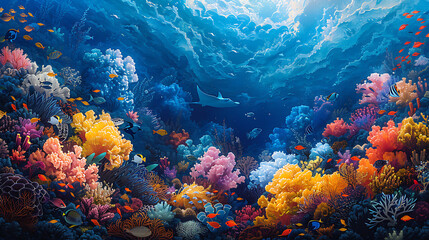 Naklejka premium illustration of colorful coral reefs teeming with marine life including tropical fish sea turtles and majestic manta rays