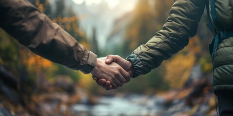 A handshake in a natural setting signifies mutual trust, partnership, and a strong connection...