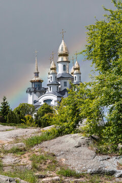 Buka temple complex, landscape park, rainboe over temple. Buki village. Ukraine	