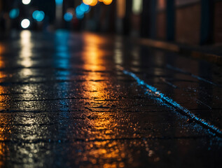 bokeh photography of lighting reflection after the rain in the night city street