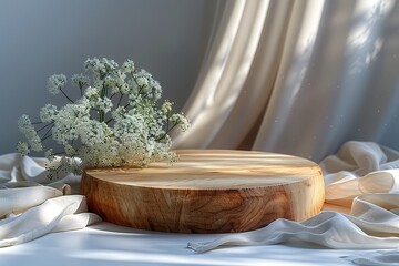 A wooden tray with a white cloth and a bunch of white flowers on it - Powered by Adobe