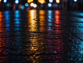 bokeh photography of lighting reflection after the rain in the night city street