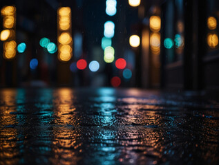 bokeh photography of lighting reflection after the rain in the night city street