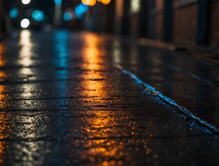 bokeh photography of lighting reflection after the rain in the night city street