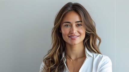 Naklejka premium businesswoman exuding elegance and poise, her confident smile shining against the simplicity of a white background