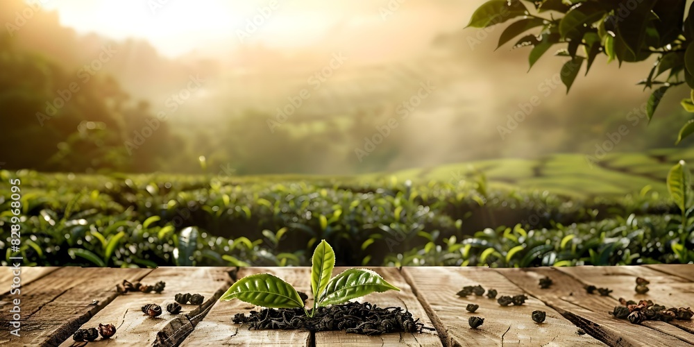 Poster displaying a rustic tabletop with a backdrop of a lush tea plantation for product presentation. conc