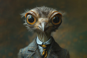 Whimsical humanoid ostrich character in stylish attire. Generative AI image