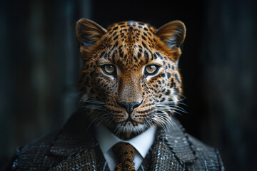Elegant leopard in suit posing with striking gaze. Generative AI image
