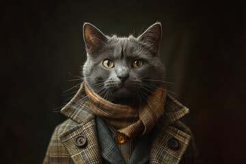 Dapper cat dressed in stylish tweed jacket and scarf. Generative AI image