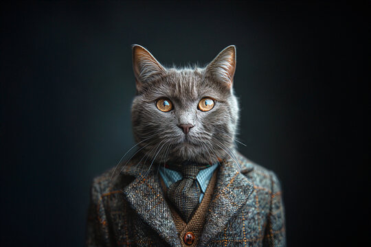 Sophisticated cat in tweed jacket with human-like pose. Generative AI image