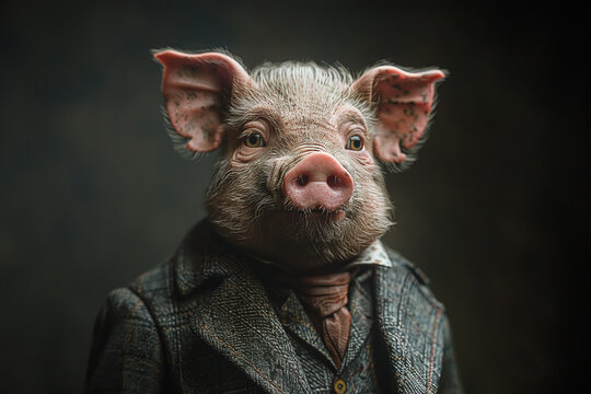 Pig Character Dressed in Vintage Clothing. Generative AI image