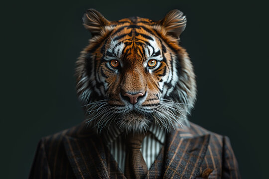 Tiger in a suit portrait with a dark background. Generative AI image
