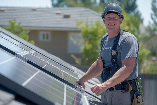 Solar panel installer technician standing confidently  in front of rooftop solar panels on a residential home, wearing safety gear and smiling