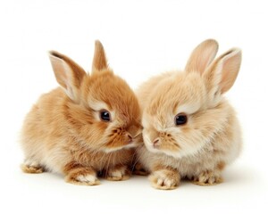 Obraz premium Baby Rabbits. Two Fluffy Small Red Rabbits in a White Background