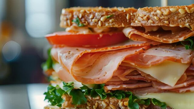 A closeup of a freshly made sandwich with layers of deli meats cheese and veggies accompanied by a tip on how to keep them from getting soggy in the cooler.