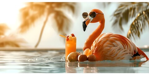 Tropical flamingo in sunglasses lounges by pool with fruit cocktail palm trees. Concept Tropical Vacation, Flamingo in Sunglasses, Poolside Lounging, Fruit Cocktail, Palm Trees
