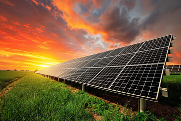 Solar panels positioned in a field with a beautiful sunset in the background, silhouetted against...