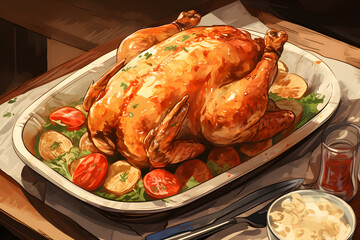 tasty illustrated chicken vintage illustration, eating some tasty chicken food