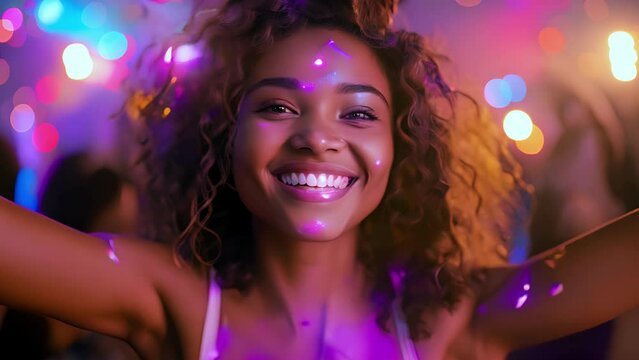 Multiracial young woman dancing at graduation party. Festive bokeh background