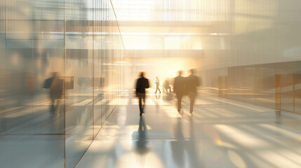 Office with sunlight coming in and blurred people. Concept photo of doing business