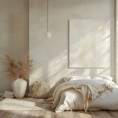 Cozy bedroom with wooden floor and light beige wall and artwork against the wall. Sunlight coming into the bedroom