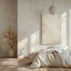 Cozy bedroom with wooden floor and light beige wall and artwork against the wall. Sunlight coming into the bedroom