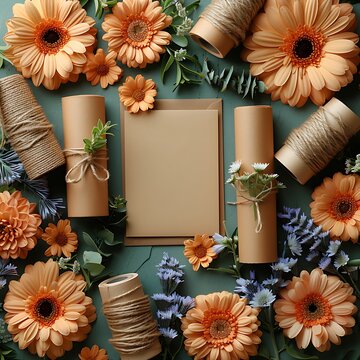 atin ribbon blank brown card flowers gerbera daisies vibrant pastel brown and brown background