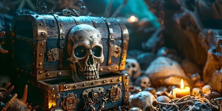 Unveiling the mysterious pirate adventure in the deep blue sea: hidden treasures await. Concept Pirate Adventure, Deep Blue Sea, Hidden Treasures, Mysterious Journey, Playful Portraits