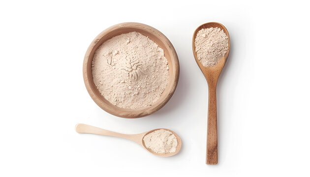Bowl and spoon with active dry yeast isolated on white, top view