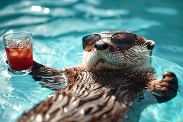 A relaxed otter floating in a pool wearing sunglasses and holding a glass of red cocktail, embodying a carefree summer vibe