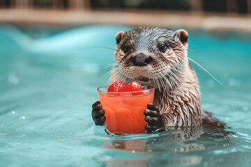 An adorable otter holding a red cocktail with strawberries while enjoying a refreshing swim in a pool on a bright summer day