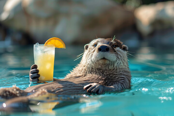 A playful otter floating and chiling on its back in a pool, holding a glass of orange juice garnished with an orange slice, with a relaxed and content expression