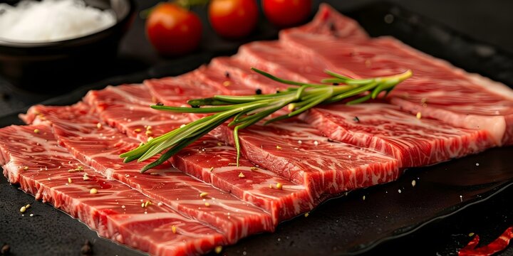 Premium Japanese wagyu beef slices on black plate for yakiniku. Concept Gourmet Food, Wagyu Beef, Japanese Cuisine, Yakiniku, Culinary Art