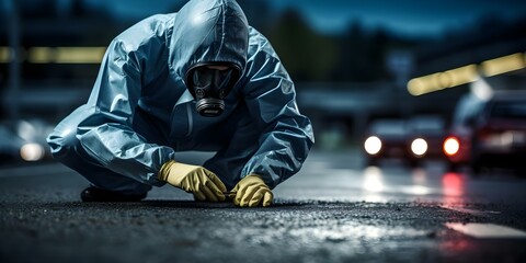 Criminologist in protective gear investigates crime scene for forensic evidence. Concept Forensic Evidence Collection, Crime Scene Investigations, Criminology Research