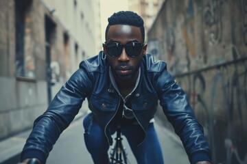 Urban Bike. African American Man Riding Bicycle in Urban Setting