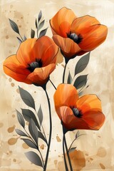 Three Orange Flowers on Beige Background