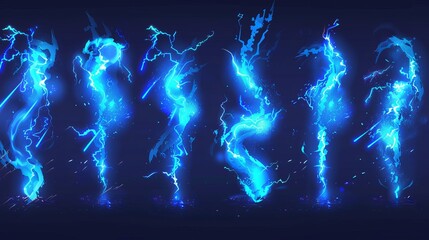 Animated cartoon lightning sprite. Blue vector thunderbolts strike in a sequence of frames for a visual effects animation sheet. Depicting an electric thunder impact at night