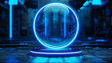 Circle portal, teleport, and hologram gadget. Features a blank display, stage, or magic portal, and a podium for showcasing products in a futuristic cyberpunk style