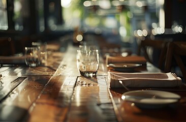 Obraz premium Photography of a long wooden table with empty glasses and napkins 