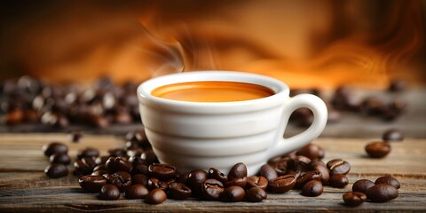 Espresso in white cup with coffee beans on wooden table background. Concept Food Photography, Coffee Art, Still Life, Minimalist Design