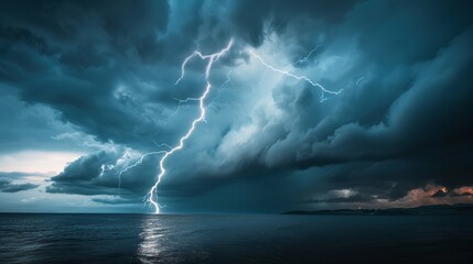 A striking scene of vivid lightning illuminating a dark, cloudy sky over the sea during a thunderstorm in a mountainous region