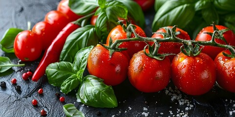 Fresh Ingredients for Cooking: Tomatoes, Basil, and Peppers on a White Background. Concept Cooking, Fresh Ingredients, Tomatoes, Basil, Peppers, White Background