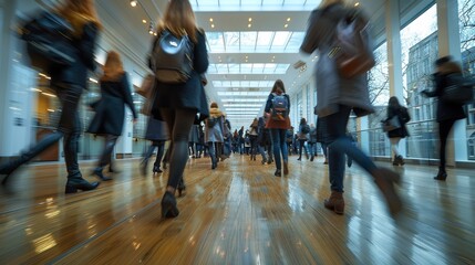 A dynamic scene capturing the motion blur of people walking briskly through a modern hall with a wooden flooring