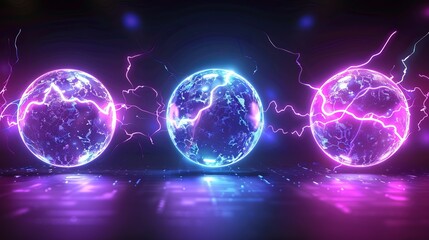 Spherical electrical phenomena, circular lightning in blue and purple, and magical energy surges. Plasmic orbs, potent isolated electrical discharges, radiant brilliance, realistic 3D vector depiction