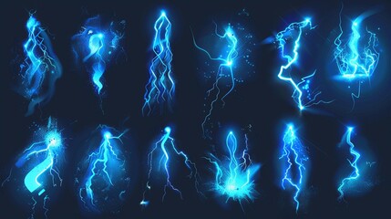 Elements of flash thunderbolts. Light charges and thunder hits in blue and white colors. Electrical power and bright energy effects, showcased in a racy vector collection