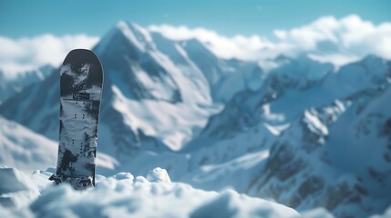 Snowboard standing upright in deep powder with snow-capped peaks in the background.
