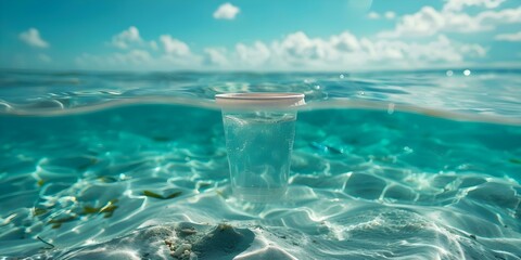 Symbolism of plastic cup floating in ocean highlighting pollution and plastic waste crisis. Concept Plastic Pollution, Environmental Crisis, Ocean Conservation, Symbolism, Single-Use Plastics