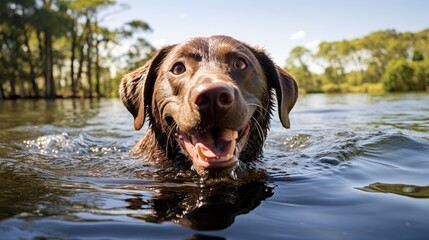 Joyful Labrador Retriever Swimming in Sunlit Lake Amid Green Trees